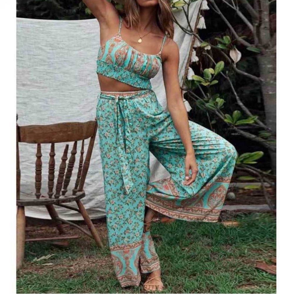Mint boho gypsy cami crop top wide leg Pant Set - Picture 1 of 6